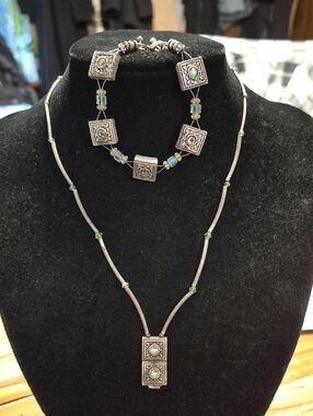 Silver-Tone Necklace with Green Accent Pendant